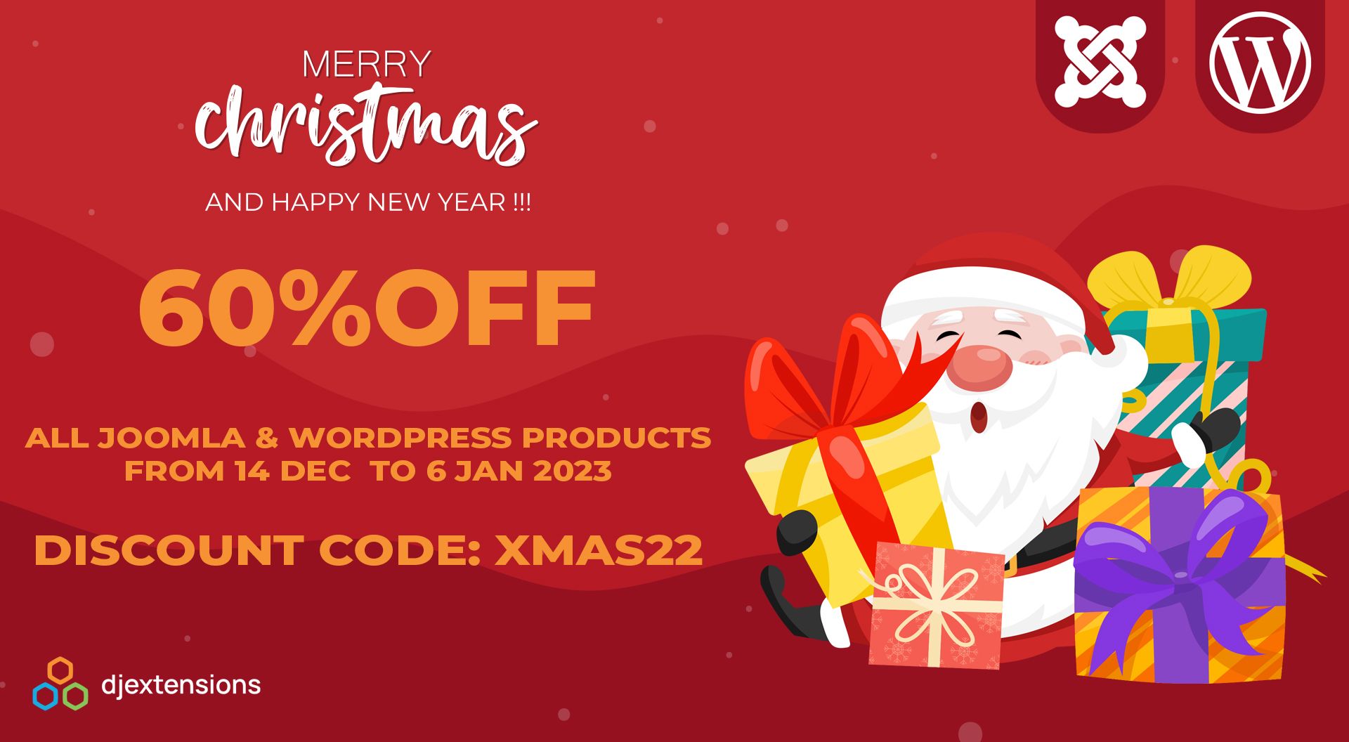 Christmas Sale from DJ-Extensions starts right now. Get all you need for Joomla and WordPress with a huge 60% discount