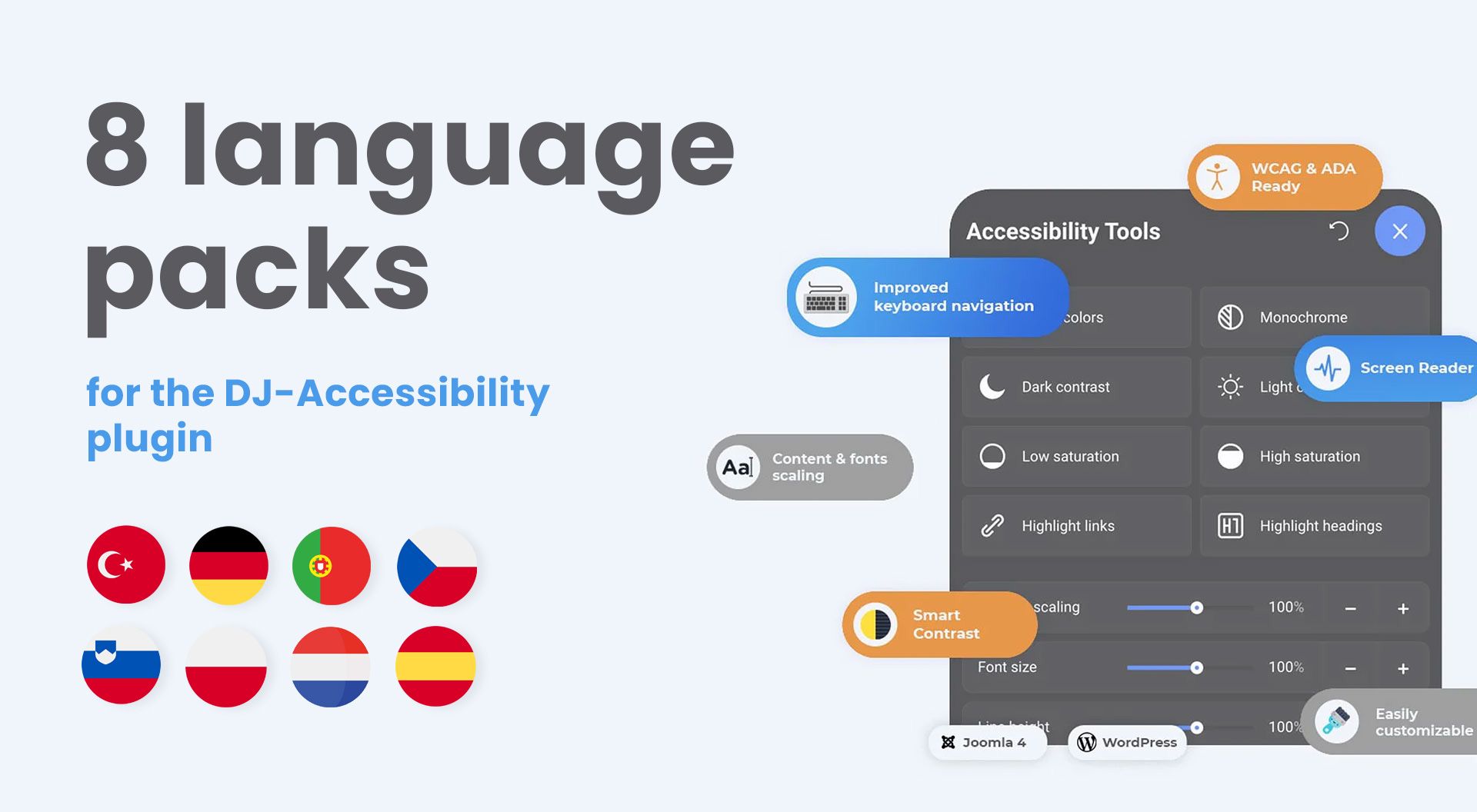 8 language packs included in the DJ-Accessibility plugin